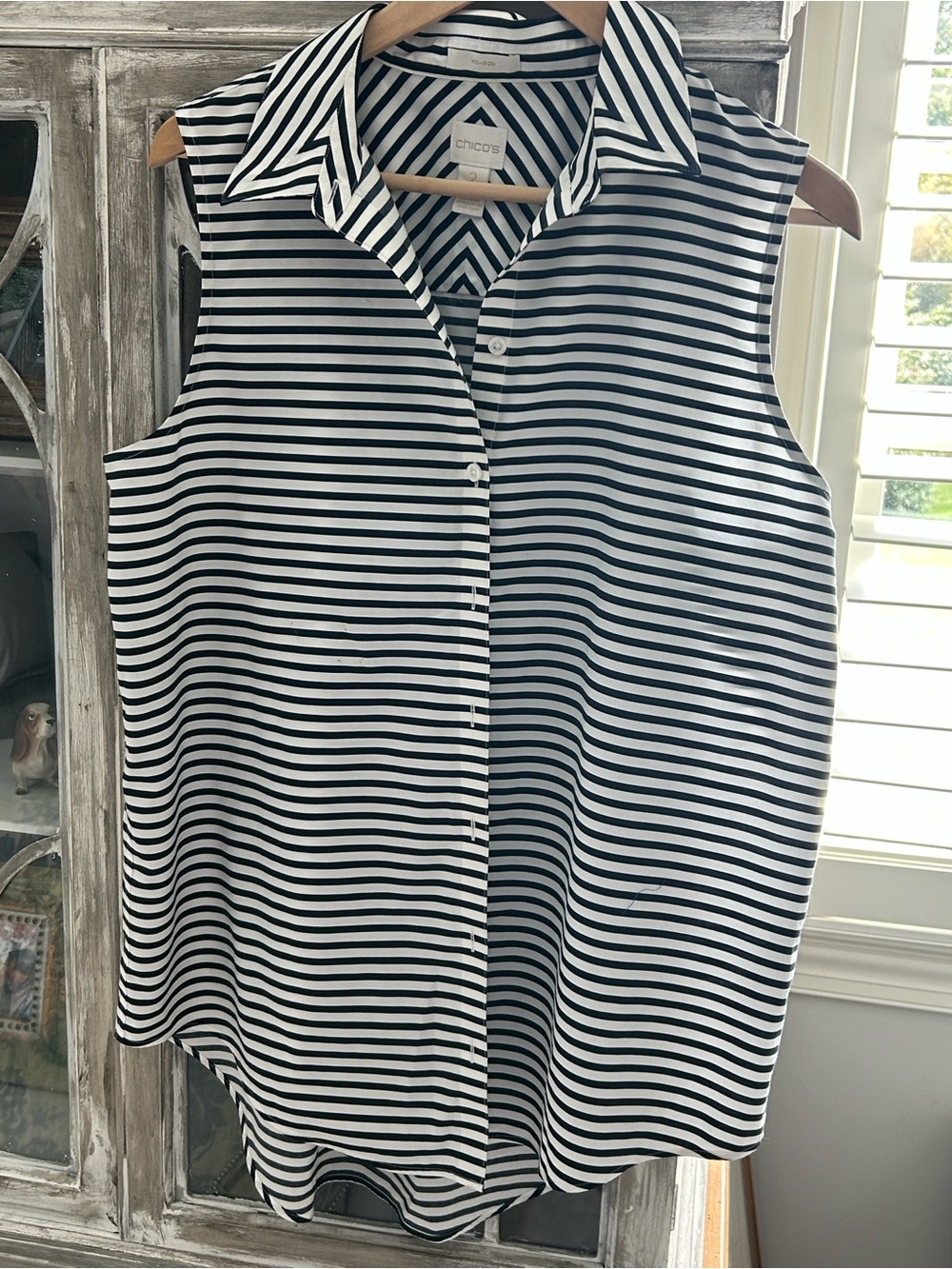 Chico's Black and White Striped Sleeveless Button-Down Blouse